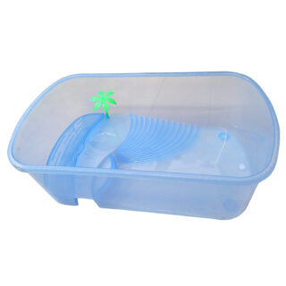 Jainsons Pet Products Medium Turtle Tank 16.5x9.5x5.1 inch | Aquarium Turtle Habitat with Platform & Plants | Sea Blue Tank for Small Turtles | Durable & Easy to Clean | Accessories Not Included