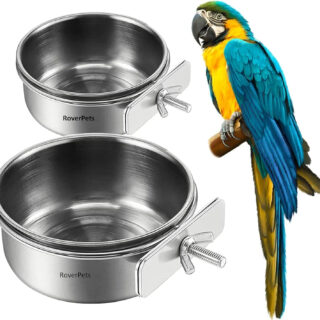 RoverPets 2Pcs Stainless Steel Bird Feeding Bowls, Feeding Cup, Stainless Steel Parrot Food Bowl Cage with Holder, Parrot Water Feeder (Design - 2, Bird Bowl - 250ML Pet Cage Cup Holder)