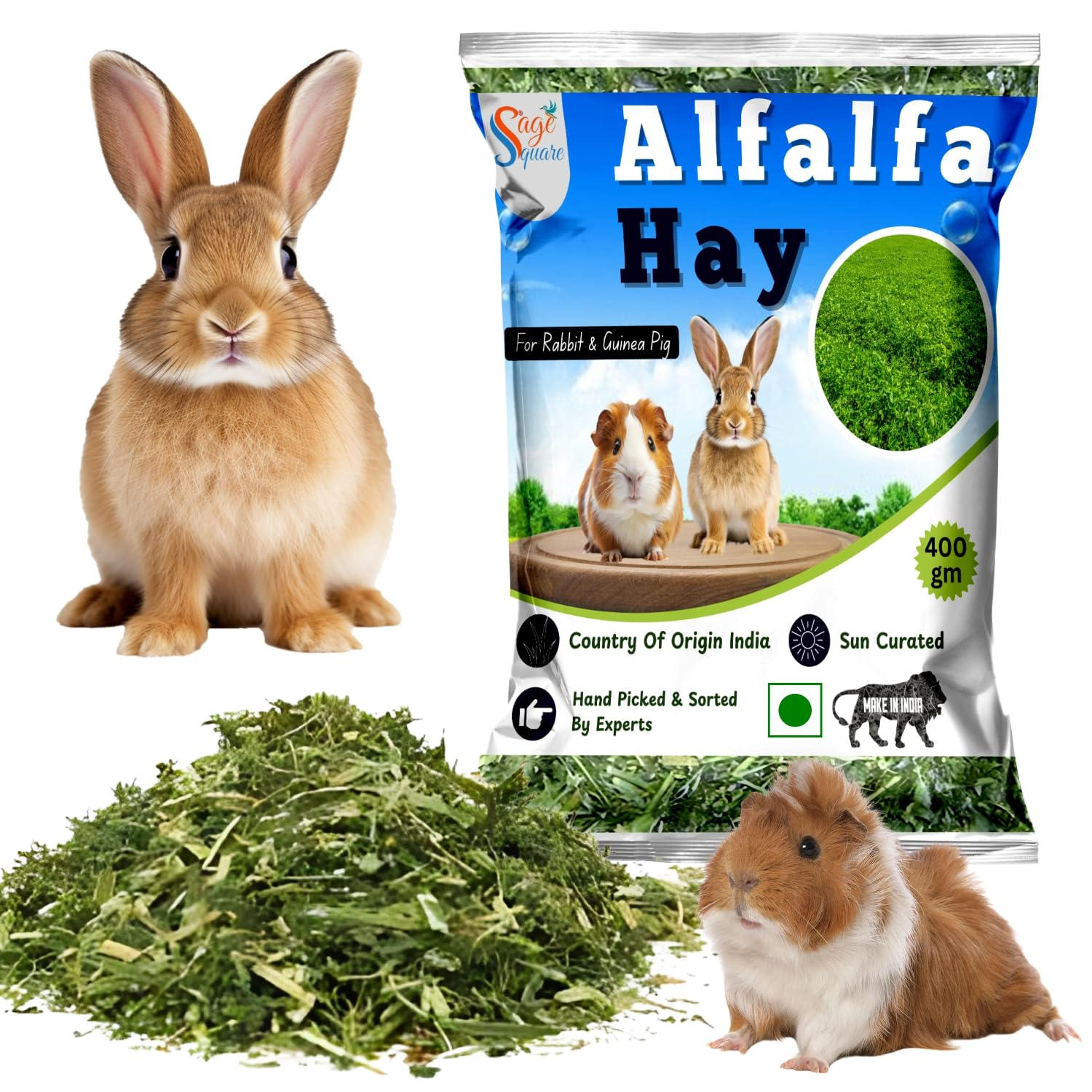 Sage Square Alfalfa Hay - Protein, Calcium-Rich Hay for Rabbits, Guinea Pigs, Hamsters & Small Animals | Supports Growth, Healthy Teeth, Digestion | Sun-Dried, Hand-Selected Alfalfa Feed | 400 gm