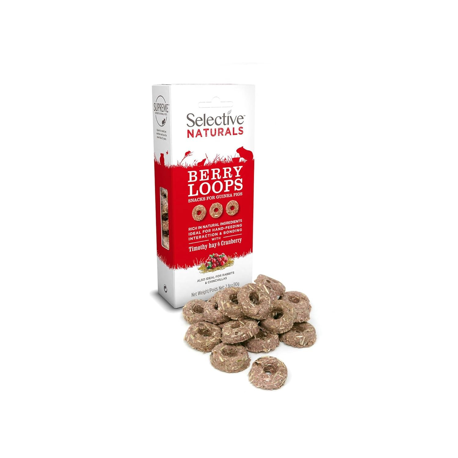 Supreme's Selective Naturals Berry Loops Treats for Guinea Pigs & Rabbits, with Cranberries, Timothy & Alfalfa Hay, Supports Digestion, Dental Health, Immunity, High Fibre, No Added Sugar, 80g