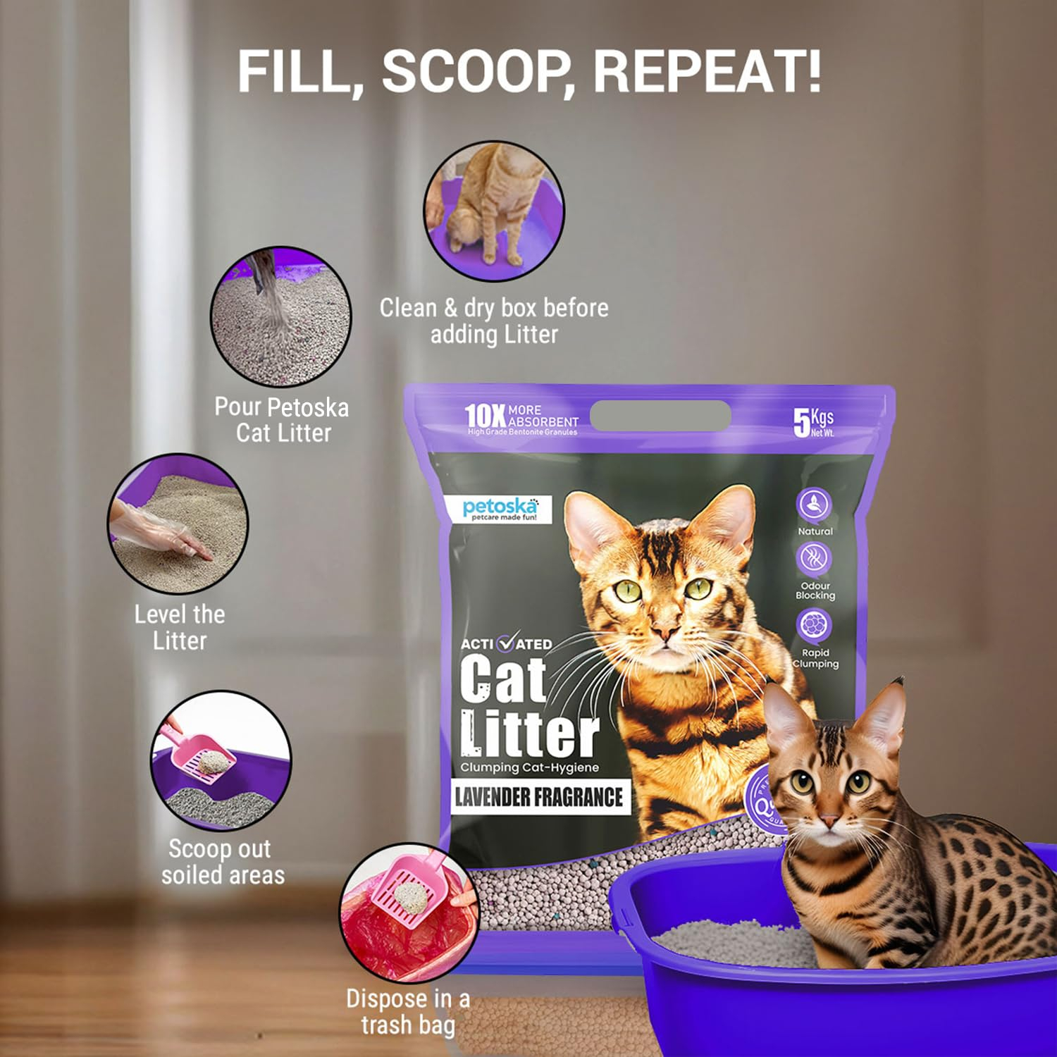 Cat Litter- 5Kg | Lavender Fragrance | Scoopable Bentonite Clay Cat Litter | Advanced Clumping Scented Litter Sand | 99.9% Dust Free | Natural | Odour Control - Image 2