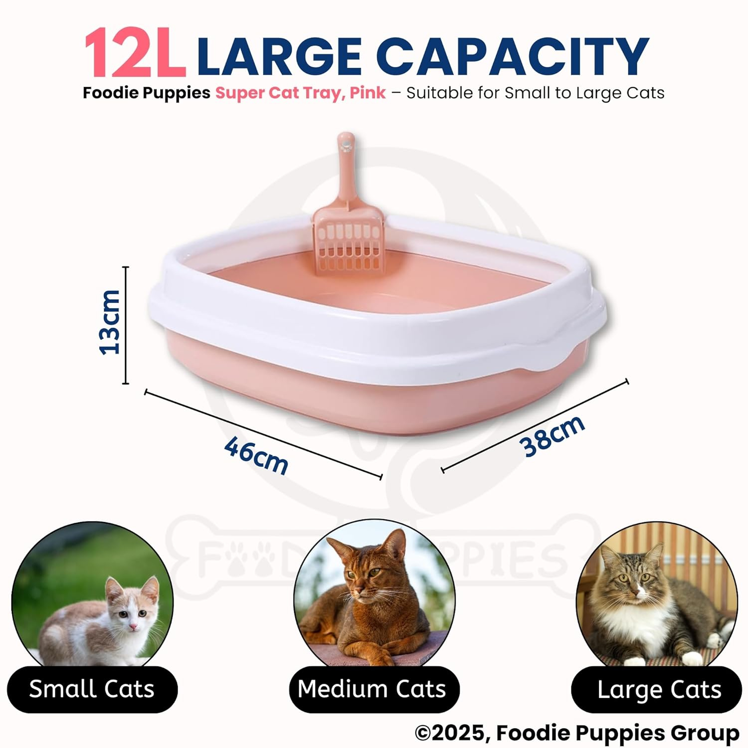 Foodie Puppies Cat Litter Box Tray with Rim and Free Scooper (Large (Peach) - 46 x 38 x 13 cm) | Semi-Closed Design and Durable Quality | Pet Litter Sand Tray Suitable for All Adult Cats & Kittens - Image 2