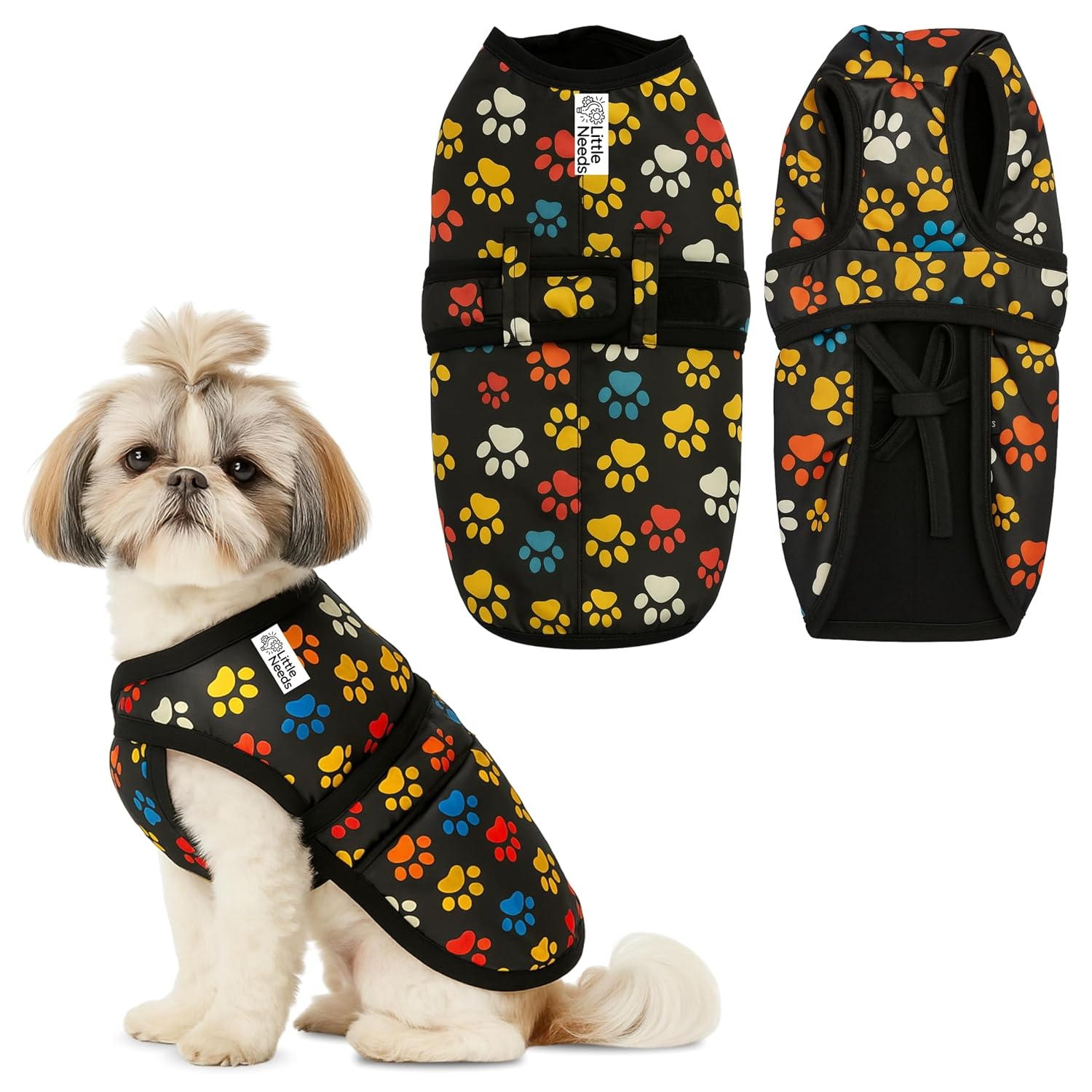 Dog Winter Jacket - (Paw Print, 16 Inch) for Small Dogs | Ultra Warm Waterproof & Windproof Coat | Adjustable Velcro Closure, Washable Vest for Cold Weather | Indoor & Outdoor Use