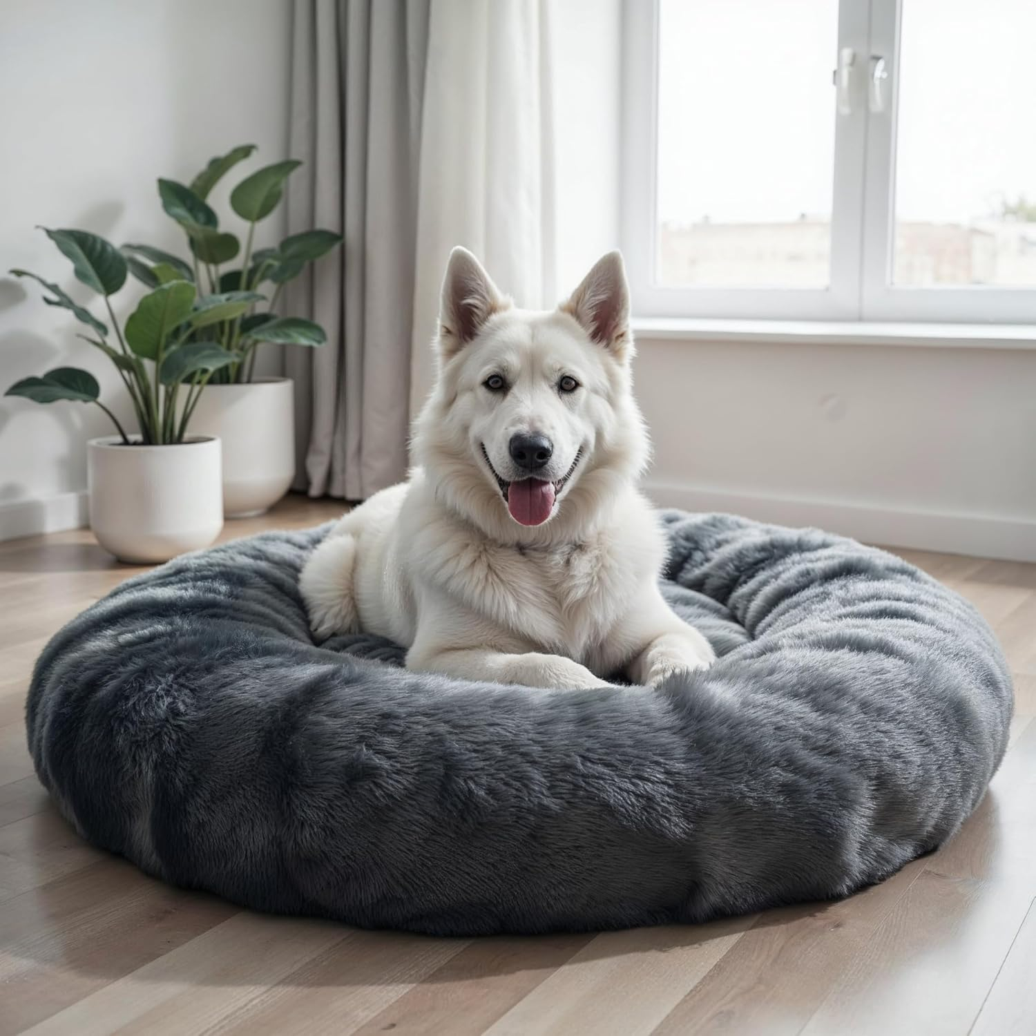 WOW DOG Calming Donut Bed for X-Large Dogs & Cats β 36"x36"x7" | Ultra-Soft Blue Gray Faux Fur | Anti-Anxiety Pet Bed for Cozy Deep Sleep