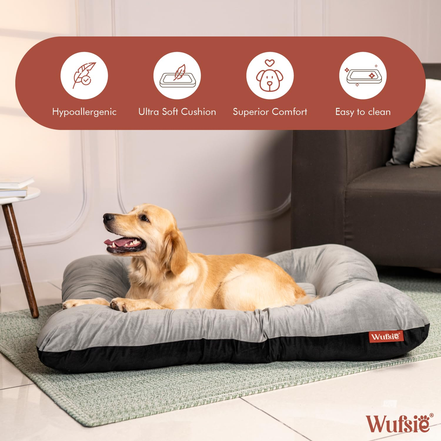 Rectangular Reversible Dog Bed Large Size - 70 x 100 Cm, Premium Velvet, Black + Grey - Image 2