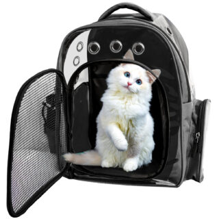 Buraq Breathable Design Pet Carrier Backpack for Hot Weather Travel, Hiking, Ventilated, Touring, Airline-Approved, Sturdy Base cat Bag for Cats Kitten Puppy (Black, Transpicuous See-Through)