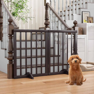 Freestanding Dog Gate | Foldable Wooden Pet Safety Gate for Dogs & Kids | Indoor Barrier with Support Feet for Stairs, Doorways, Hallways & Kitchens - 24" (Brown, 2 Panel)