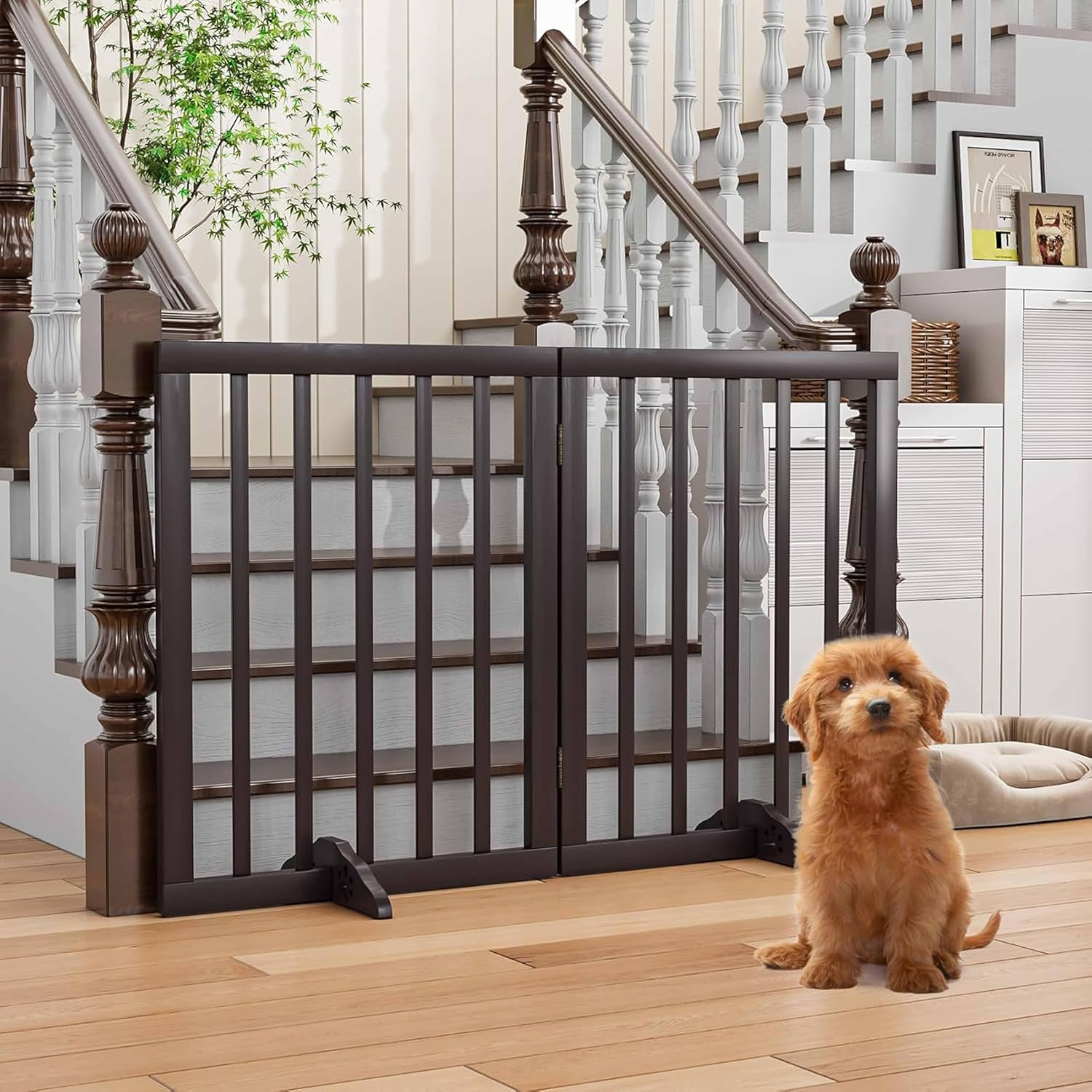 Freestanding Dog Gate | Foldable Wooden Pet Safety Gate for Dogs & Kids | Indoor Barrier with Support Feet for Stairs, Doorways, Hallways & Kitchens - 24" (Brown, 2 Panel)