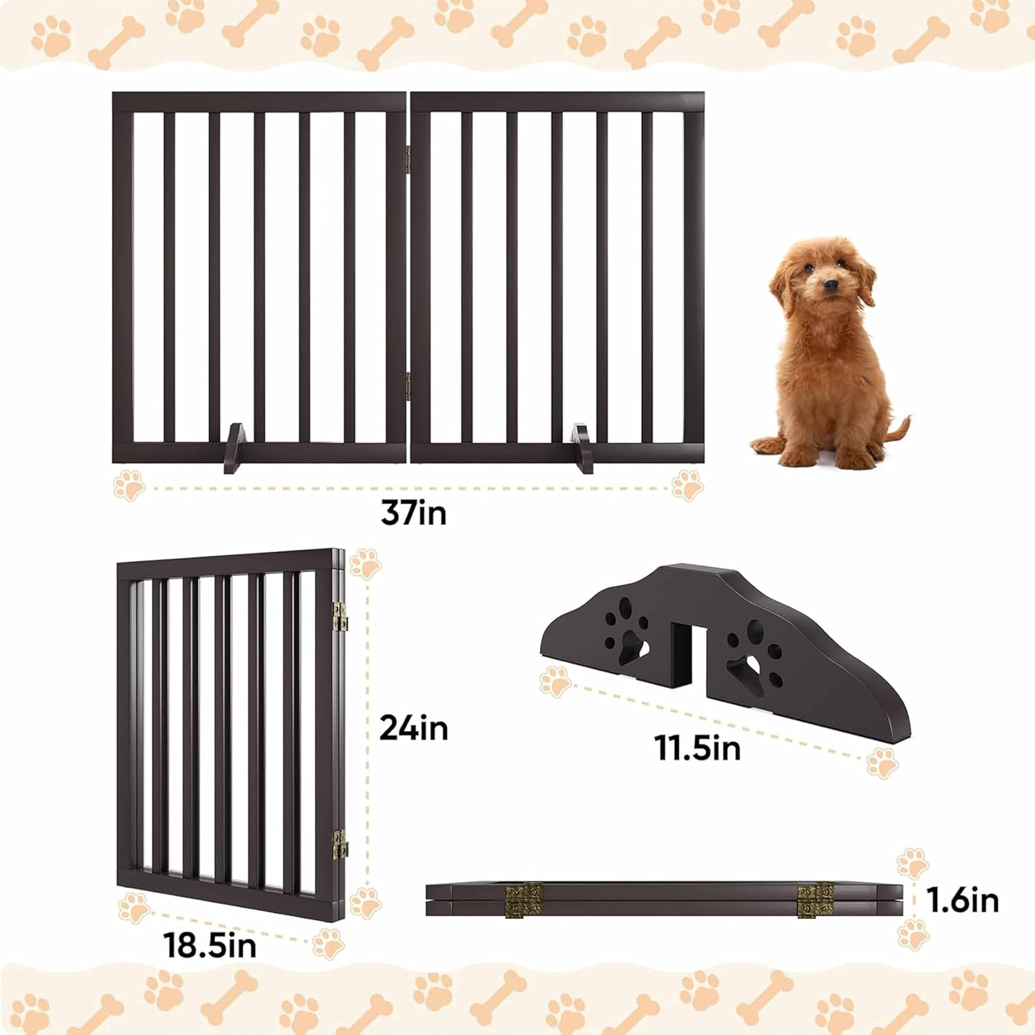 Freestanding Dog Gate | Foldable Wooden Pet Safety Gate for Dogs & Kids | Indoor Barrier with Support Feet for Stairs, Doorways, Hallways & Kitchens - 24" (Brown, 2 Panel) - Image 2