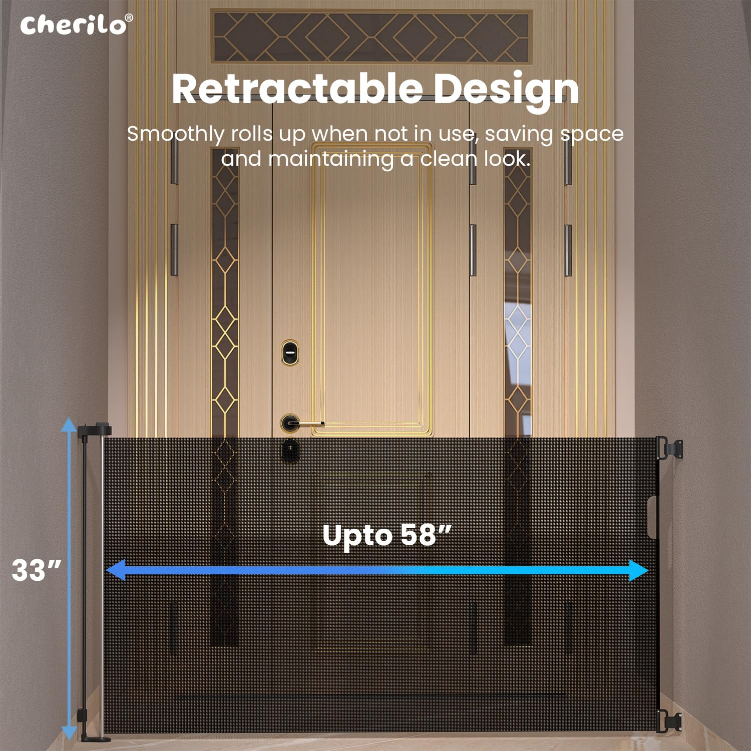 Cherilo Baby Safety Gate, Retractable Mesh, Baby Fence Barrier Expandable Up to 150cm Width, Child Gate for Stairs, Doorways, Pet Safety Gate - Black - Image 2